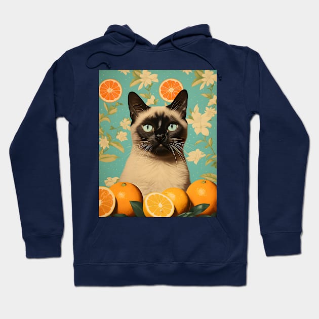 Retro Kitsch Siamese Cat and Citrus Fruit Collage Hoodie by KittyStampedeCo